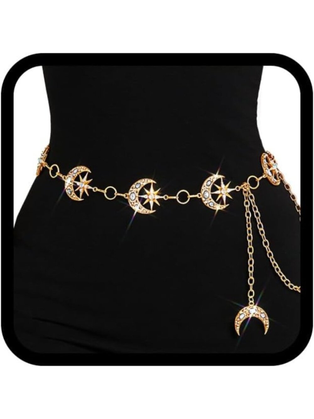 Sparkly Rhinestone Moon & Star Chain Belt - Adjustable Waist Jewelry Accessory